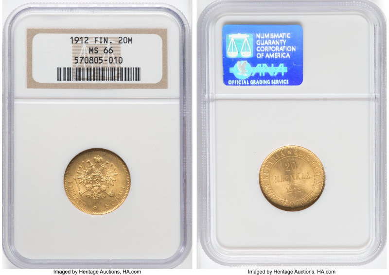 Russian Duchy. Nicholas II gold 20 Markkaa 1912-S MS66 NGC, Helsinki mint, KM9.2...