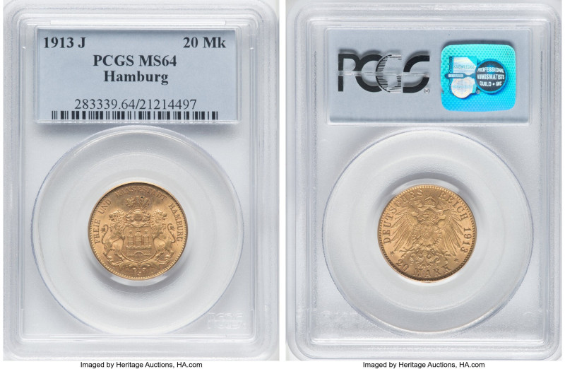 Hamburg. Free City gold 20 Mark 1913-J MS64 PCGS, Hamburg mint, KM618, Fr-3777. ...