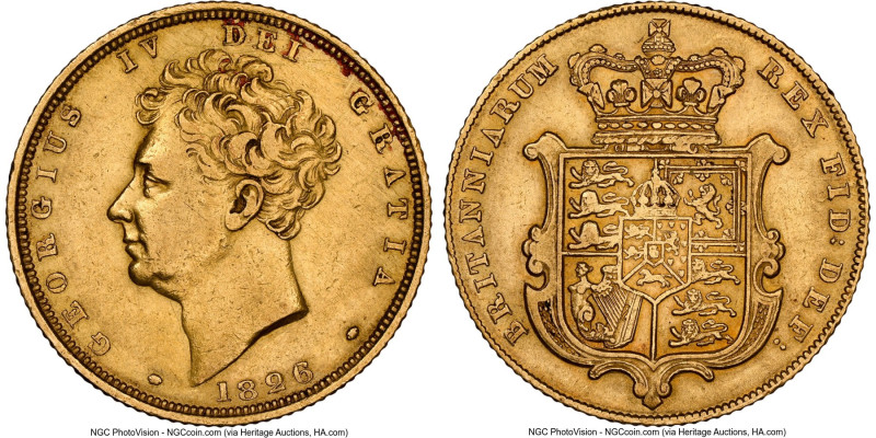 George IV gold Sovereign 1826 AU Details (Obverse Scratched) NGC, KM696, S-3801....