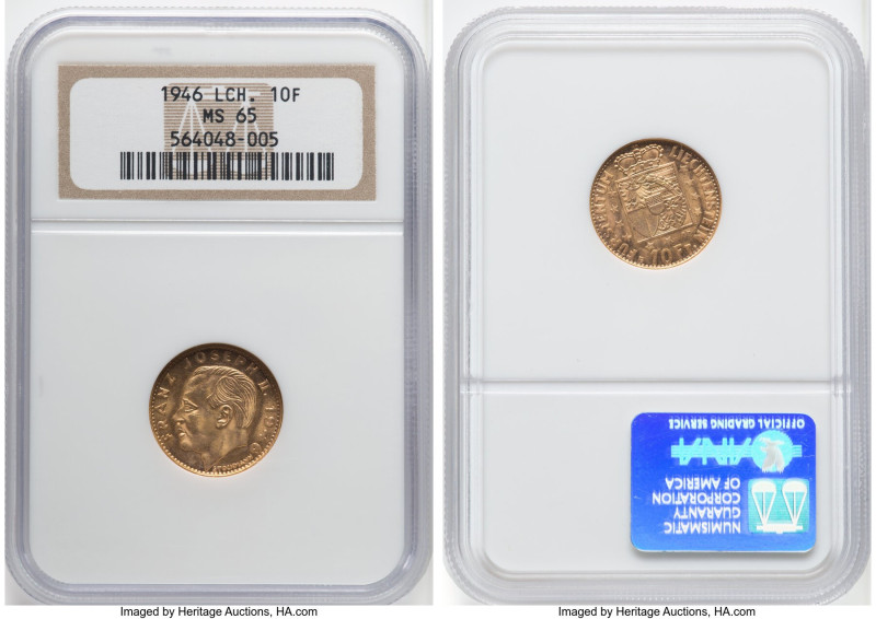 Franz Joseph II gold 10 Francs 1946-B MS65 NGC, Bern mint, KM-Y13. Mintage: 10,0...