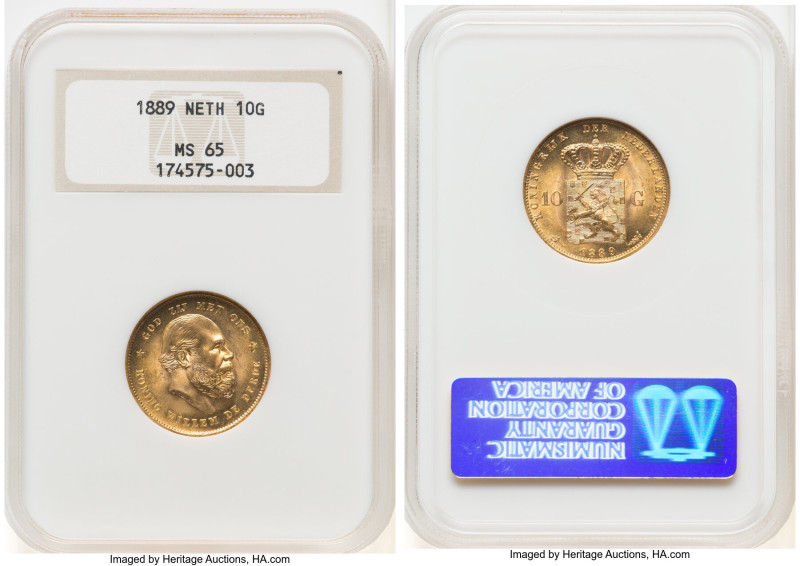 Willem III gold 10 Gulden 1889 MS65 NGC, Utrecht mint, KM106. An enchanting piec...