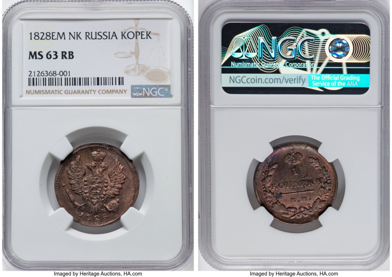 Nicholas I Kopeck 1828 EM-ИК MS63 Red and Brown NGC, KM-C117.3. HID09801242017 ©...