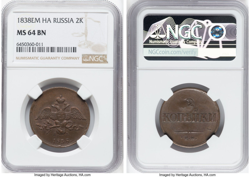 Nicholas I 2 Kopecks 1838 EM-HA MS64 Brown NGC, Ekaterinburg Mint, KM-C139.1. On...