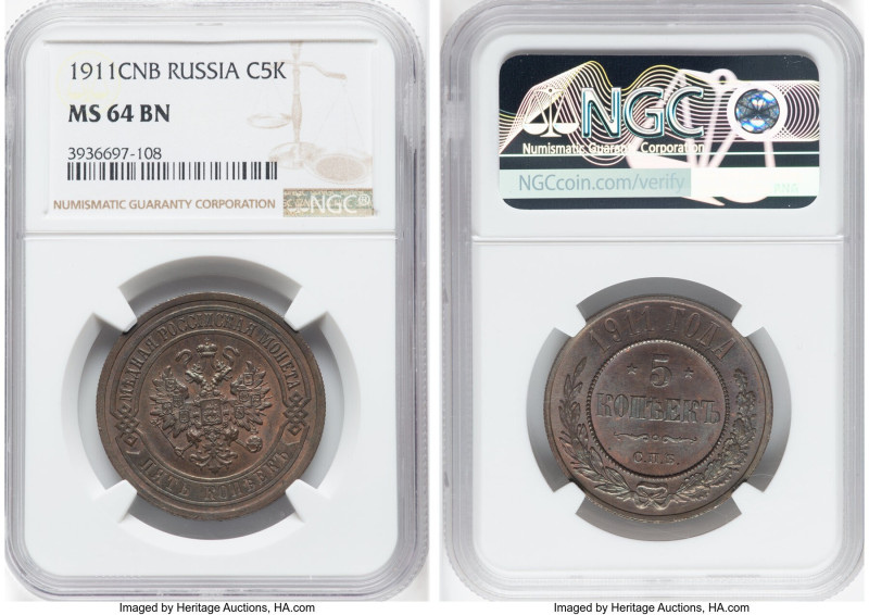 Nicholas II copper 5 Kopecks 1911-CПБ MS64 Brown NGC, St. Petersburg mint, KM-Y1...