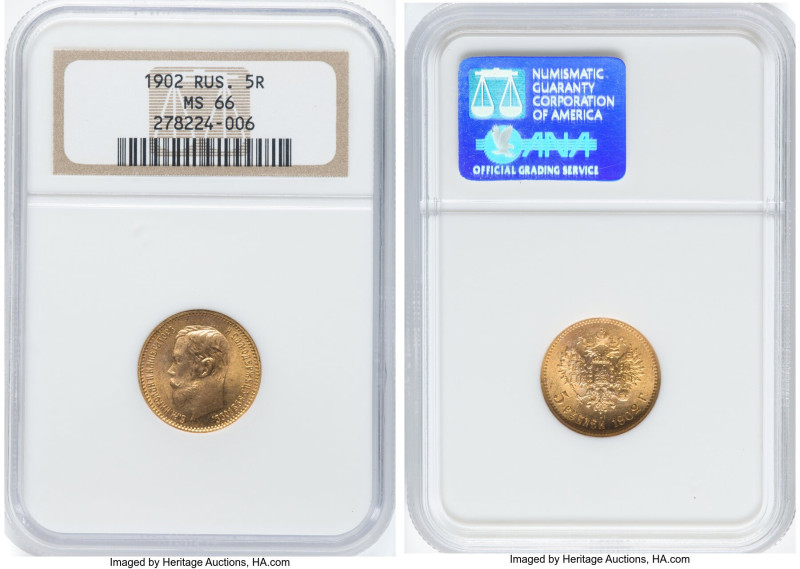 Nicholas II gold 5 Roubles 1902-AP MS66 NGC, St. Petersburg mint, KM-Y62. HID098...