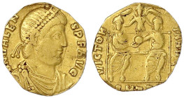 Römische Goldmünzen

Kaiserzeit

Valens, 364-378

Solidus 364, Thessalonika. 3,21 g. schön/sehr schön, stark beschnitten, eingeritzter Buchstabe...
