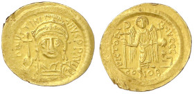 Byzantinische Goldmünzen

Kaiserreich

Justinian I., 527-565

Solidus 527/565, Constantinopel, 3. Offizin. 4,46 g. fast vorzüglich, kl. Randfehl...
