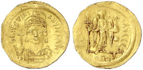 Byzantinische Goldmünzen

Kaiserreich

Justinian I., 527-565

Solidus 527/565, Constantinopel, 1. Offizin. 4,43 g. sehr schön/vorzüglich, min. g...