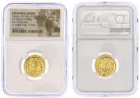 Byzantinische Goldmünzen

Kaiserreich

Focas, 602-610

Solidus 602/610, Constantinopel, 5. Offizin. 4,48 g. NGC Grading MS Strike 5/5 Surface 4/...