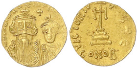 Byzantinische Goldmünzen

Kaiserreich

Constans II., 641-668

Solidus 654/659, Constantinopel, 5. Off. 4,44 g. vorzüglich, min. Prägeschwäche am...