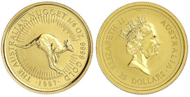 Ausländische Goldmünzen und -medaillen

Australien

Elisabeth II., 1952-2022

25 Dollars 1997, Australian Nugget, hüpfendes Känguruh. 1/4 Unze F...