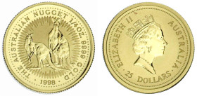 Ausländische Goldmünzen und -medaillen

Australien

Elisabeth II., 1952-2022

25 Dollars 1998, Australian Nugget, zwei Känguruhs. 1/4 Unze Feing...