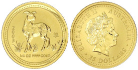 Ausländische Goldmünzen und -medaillen

Australien

Elisabeth II., 1952-2022

25 Dollars Lunar Serie 2003. Jahr der Ziege. 1/4 Unze Feingold. St...