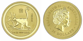 Ausländische Goldmünzen und -medaillen

Australien

Elisabeth II., 1952-2022

25 Dollars Lunar Serie 2004. Jahr des Affen. 1/4 Unze Feingold. St...