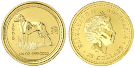 Ausländische Goldmünzen und -medaillen

Australien

Elisabeth II., 1952-2022

25 Dollars Lunar Serie 2006. Jahr des Hundes. 1/4 Unze Feingold. S...