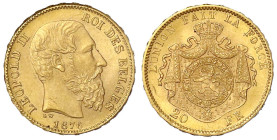 Ausländische Goldmünzen und -medaillen

Belgien

Leopold II., 1865-1909

20 Francs 1876. Pos. A. 6,45 g. 900/1000. vorzüglich/Stempelglanz. Krau...