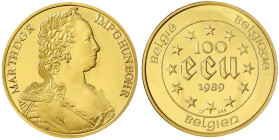 Ausländische Goldmünzen und -medaillen

Belgien

Baudouin, 1951-1993

100 ECU 1989. Maria Theresia. 1 Unze Feingold. In Kapsel. BU. Schön 150.1....