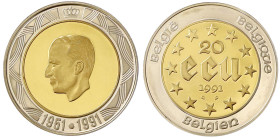 Ausländische Goldmünzen und -medaillen

Belgien

Baudouin, 1951-1993

20 ECU Bi-Metall Silber/Gold 1991. Baudouin. 1/5 Unze Feingold. In Kapsel....