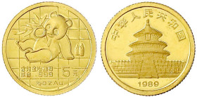 Ausländische Goldmünzen und -medaillen

China

Volksrepublik, seit 1949

5 Yuan 1989. Panda mit Bambuszweig. 1/20 Unze Feingold. Small Date. fas...