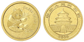 Ausländische Goldmünzen und -medaillen

China

Volksrepublik, seit 1949

25 Yuan 2000. Sitzender Panda mit Bambuszweig auf Blattwerk. 1/4 Unze F...