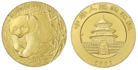 Ausländische Goldmünzen und -medaillen

China

Volksrepublik, seit 1949

100 Yuan 2001. Panda, aus Bambuspflanzung hervorkommend. 1/4 Unze Feing...