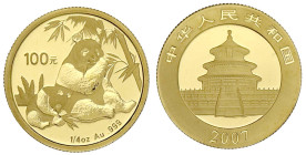 Ausländische Goldmünzen und -medaillen

China

Volksrepublik, seit 1949

100 Yuan 2007. Panda und Jungtier beim Verzehr von Bambus. 1/4 Unze Fei...