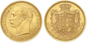 Ausländische Goldmünzen und -medaillen

Dänemark

Frederik VIII., 1906-1912

20 Kronen 1910 VBP. 8,96 g. 900/1000. fast Stempelglanz, min Randfe...