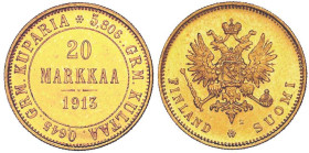 Ausländische Goldmünzen und -medaillen

Finnland

Nikolaus II., 1894-1917

20 Markkaa 1913 S. 6,45 g. 900/1000. vorzüglich/Stempelglanz. Bitkin ...