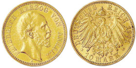 Reichsgoldmünzen

Anhalt

Friedrich I., 1871-1904

10 Mark 1901 A. vorzüglich/Stempelglanz. Jaeger 180.