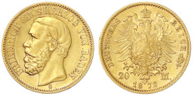 Reichsgoldmünzen

Baden

Friedrich I., 1856-1907

20 Mark 1872 G. gutes vorzüglich. Jaeger 184.
