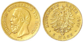 Reichsgoldmünzen

Baden

Friedrich I., 1856-1907

5 Mark 1877 G. gutes sehr schön, leichte Fassungsspuren und min. gebogen. Jaeger 185.