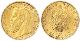 Reichsgoldmünzen

Baden

Friedrich I., 1856-1907

10 Mark 1877 G. vorzüglich. Jaeger 186.