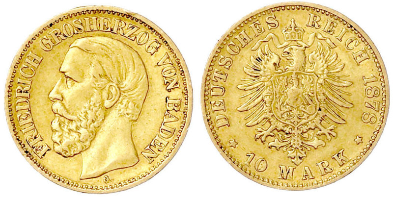 Reichsgoldmünzen

Baden

Friedrich I., 1856-1907

10 Mark 1878 G. sehr sch...