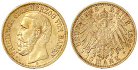 Reichsgoldmünzen

Baden

Friedrich I., 1856-1907

10 Mark 1898 G. vorzüglich. Jaeger 188.