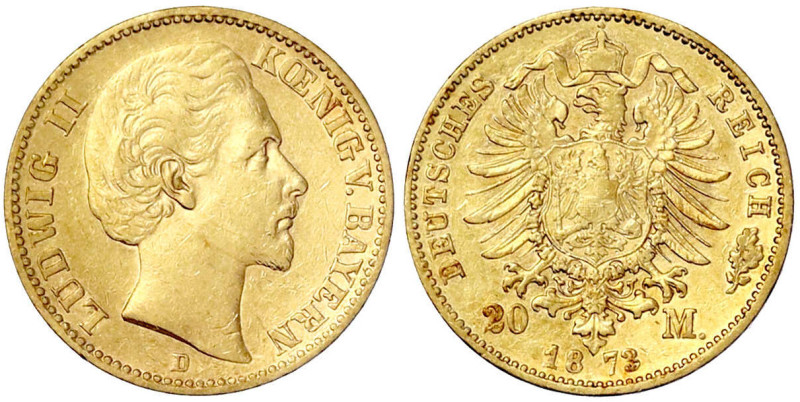 Reichsgoldmünzen

Bayern

Ludwig II., 1864-1886

20 Mark 1873 D. sehr schö...