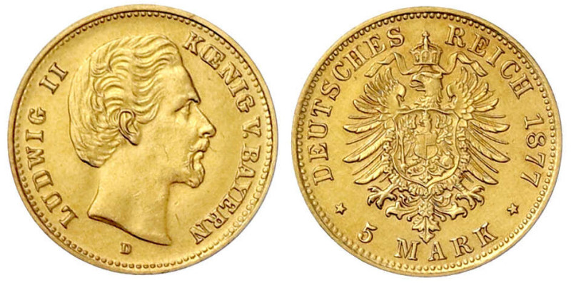 Reichsgoldmünzen

Bayern

Ludwig II., 1864-1886

5 Mark 1877 D. sehr schön...