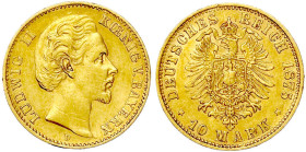 Reichsgoldmünzen

Bayern

Ludwig II., 1864-1886

10 Mark 1875 D. gutes sehr schön. Jaeger 196.