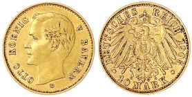 Reichsgoldmünzen

Bayern

Otto, 1886-1913

10 Mark 1905 D. vorzüglich. Jaeger 201.