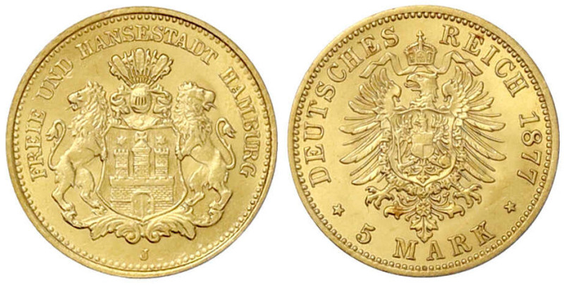 Reichsgoldmünzen

Hamburg

5 Mark 1877 J. prägefrisch/fast Stempelglanz, sel...
