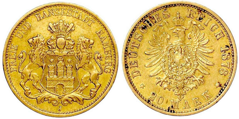 Reichsgoldmünzen

Hamburg

20 Mark 1878 J. sehr schön. Jaeger 210.