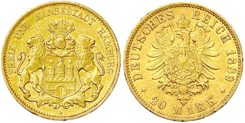 Reichsgoldmünzen

Hamburg

20 Mark 1889 J. sehr schön/vorzüglich, kl. Randfe...