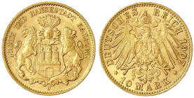 Reichsgoldmünzen

Hamburg

10 Mark 1907 J. prägefrisch, winz. Randfehler. Jaeger 211.
