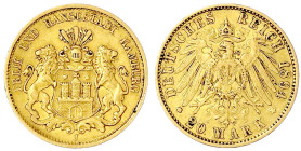 Reichsgoldmünzen

Hamburg

20 Mark 1894 J. gutes vorzüglich. Jaeger 212.