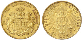 Reichsgoldmünzen

Hamburg

20 Mark 1899 J. vorzüglich, kl. Kratzer und Randfehler. Jaeger 212.