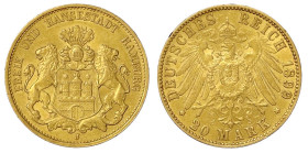 Reichsgoldmünzen

Hamburg

20 Mark 1899 J. vorzüglich, min. Randfehler. Jaeger 212.