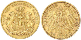 Reichsgoldmünzen

Hamburg

20 Mark 1913 J. vorzüglich/Stempelglanz, kl. Randfehler. Jaeger 212.