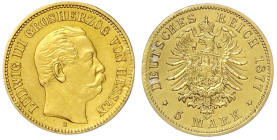 Reichsgoldmünzen

Hessen

Ludwig III., 1848-1877

5 Mark 1877 H. leichte Broschierspur mit min. Lotanhaftungen. Jaeger 215.