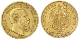 Reichsgoldmünzen

Hessen

Ludwig IV., 1877-1892

10 Mark 1878 H. sehr schön, leichte Fassungsspur. Jaeger 219.
