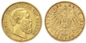 Reichsgoldmünzen

Hessen

Ludwig IV., 1877-1892

10 Mark 1890 A. gutes sehr schön. Jaeger 220.