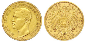 Reichsgoldmünzen

Hessen

Ernst Ludwig, 1892-1918

10 Mark 1893 A. Schürfstelle in Adlermitte (Wappen eradiert), sonst sehr schön/vorzüglich. Ja...